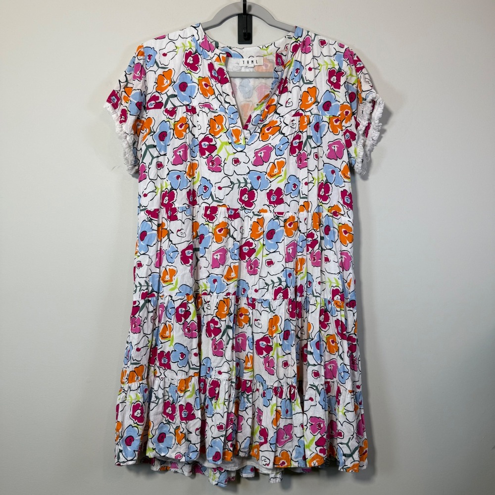 THML Floral Tiered Dress Womens Medium White Multi Color Boho Cottagecore Brunch